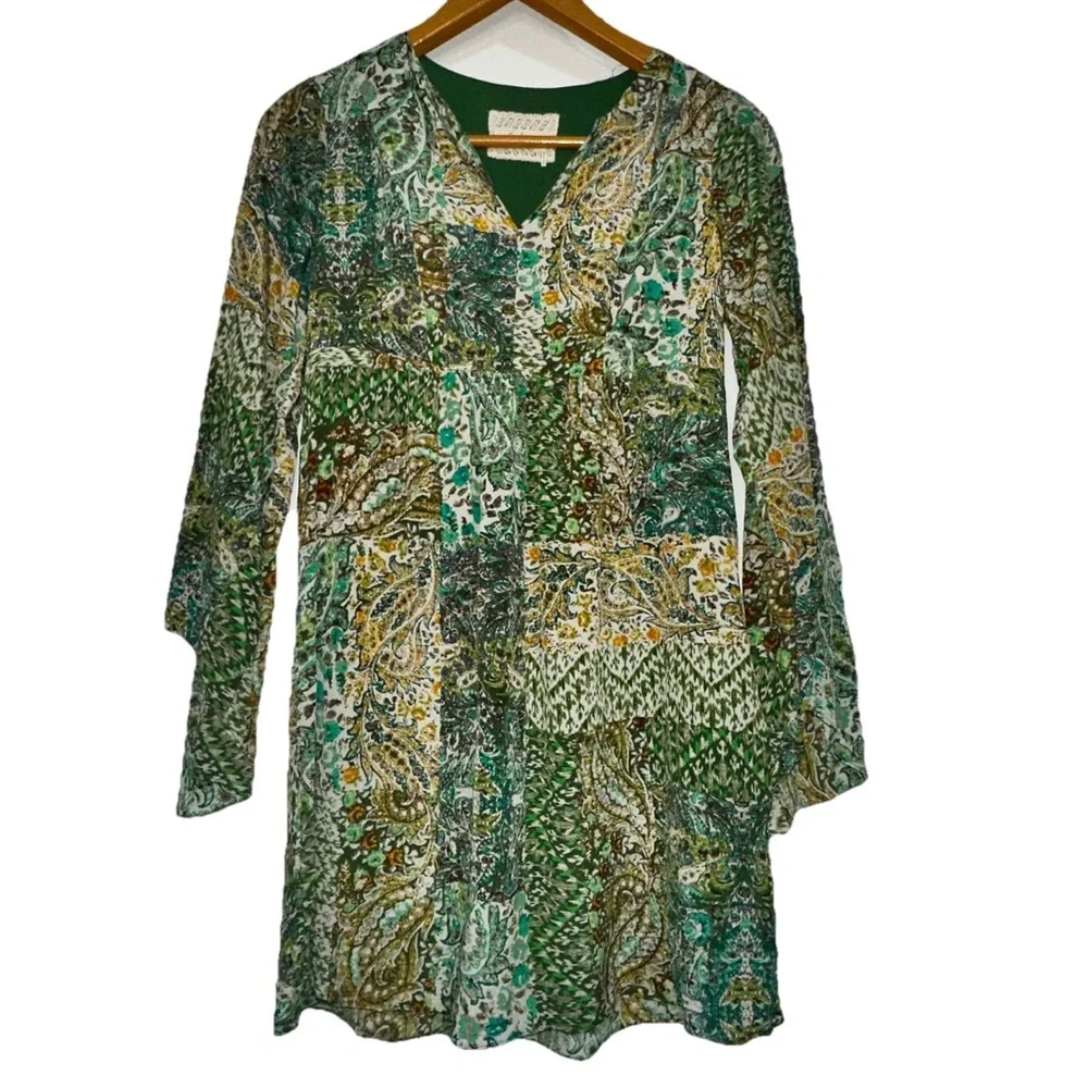 Anthropologie Floreat Amelie Paisley 100% Silk Bell Sleeve Swing Dress Sz 2 BOHO - Picture 4 of 15